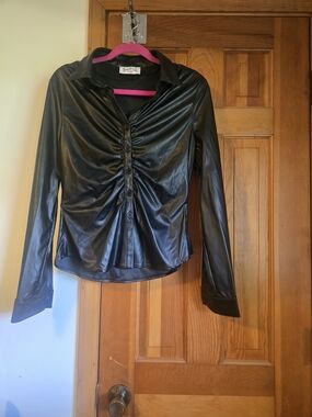 Swank A Posh Faux Leather Black Ruched Button-Front Jacket